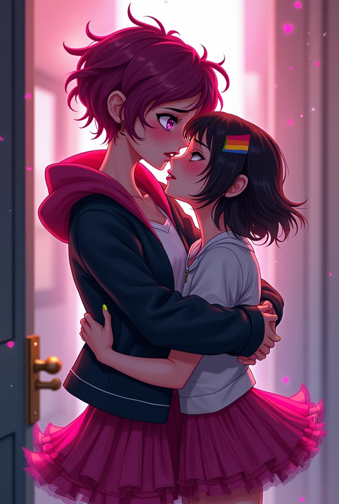 Beautiful girl. Star Darlings Scarlet. She blushes and cries being in love with a cute Wisher girl that is you and holds rainbow flag. High school teenager. Scarlet has short magenta hair with streaks of black in it and fuchsia eyes. She wears clothing consisting of black and pink with a sassy and noticeable style; a magenta hoodie with a white shirt underneath and a dark jacket on top, a cerise and dark magenta ruffled tutu secured with a sparkly belt and pink and black striped socks. Like all Starlings, her skin is slightly sparkly and bears a light complexion. Her Wish Pendant is a row of star-shaped buckles on each of her boots, which do more than secure them to her feet. They also alert her that she's close to her Wisher! From her classmates' point of view, Scarlet seems to be in a completely different orbit, which is just fine with her. She's confident, strong, and independent. Scarlet has an interest in music. She is passionate about it, making her the perfect drummer for the Star Darlings Band! She is also an enchanting Starling, as she's brave, intense and curious. Of course, Scarlet knows she needs to work on opening up to the other girls, but she's been a loner her whole life. She's not a warm, fuzzy, touchy-feely kind of girl. Because of this, Scarlet often alienates others by keeping to herself and being secretive. She is also stubborn, arrogant and jealous at Times. Starlings are a species of humanoid beings who inhabit the planet of Starland, being the dominant species and providing energy to power their civilization. Starlings are largely indistinguishable from humans, or Wishlings, possessing a range of skin tones from pale to darker skin, body types, as well as various eye and hair colors. Beautiful girl. She blushes and cries being in love with a cute Wisher girl that is you and holds rainbow flag.