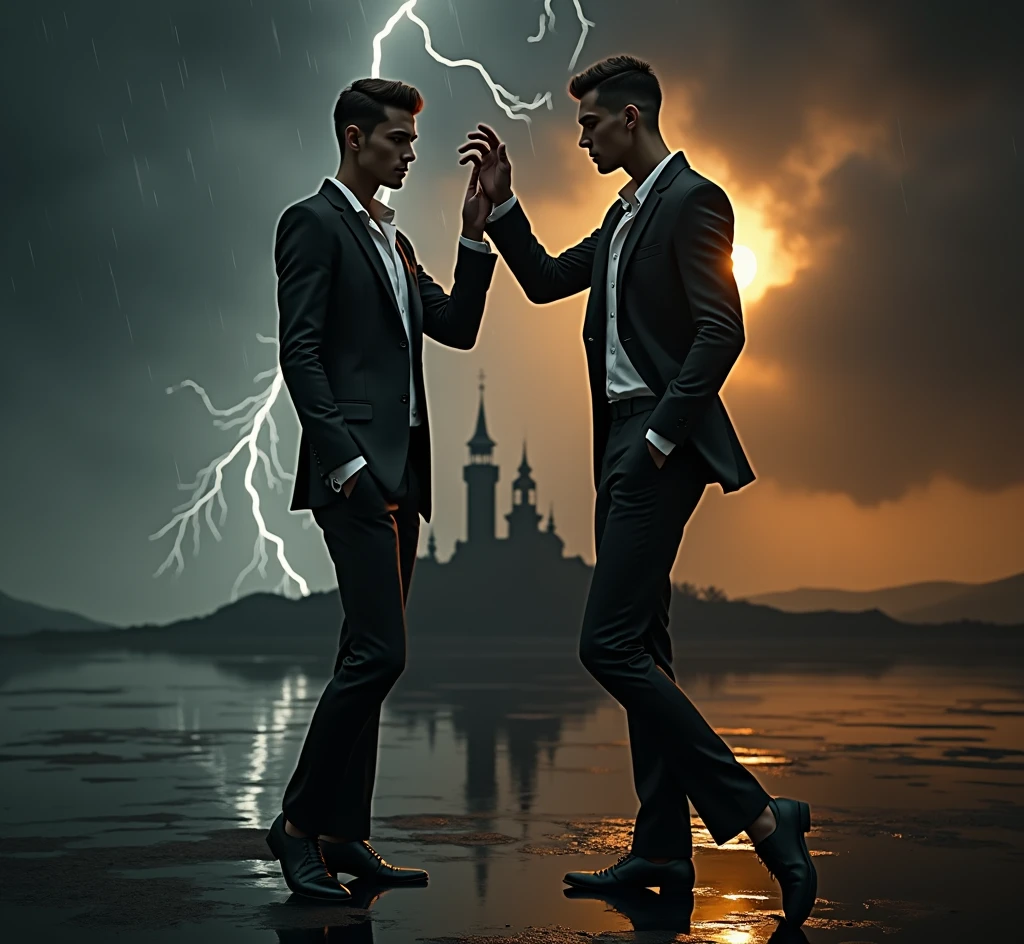 Two handsome skinny men dressed in black, long suits without a shirt, cloudy sky, a sunset, the sun is hiding, dancing beautifully on top of a black castle, water track combined with the sky, falling rain and lightning from afar, 2 men 