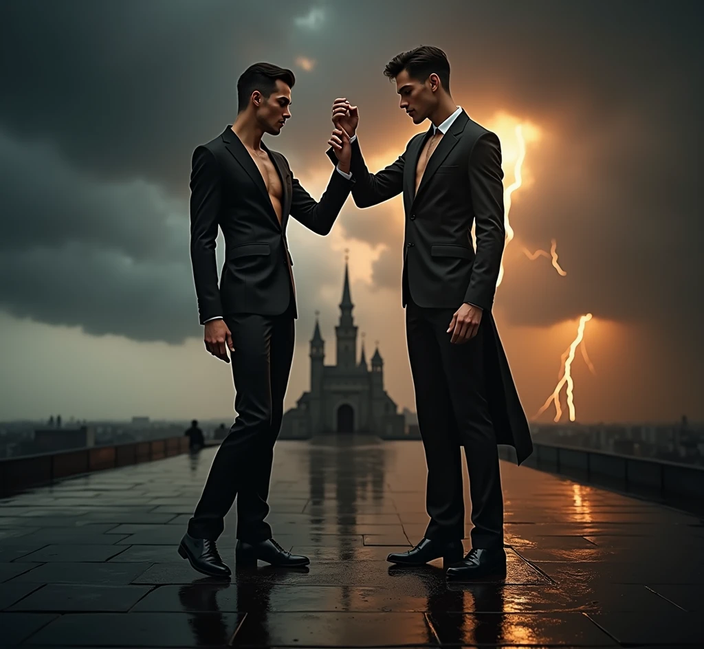 Two handsome skinny men dressed in black, long suits without a shirt, cloudy sky, a sunset, the sun is hiding, dancing beautifully on top of a black castle, water track combined with the sky, falling rain and lightning from afar, 2 men