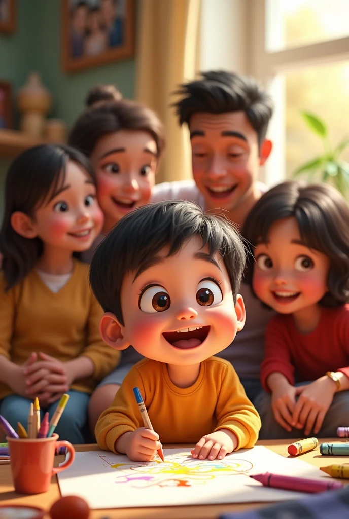 Generate an joyful animated image of a ??? or who is in drawing area of his home with his family