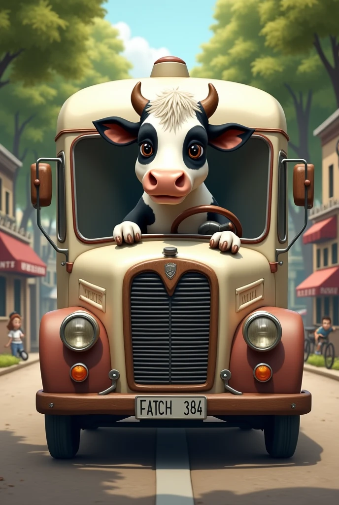Cow driving a milk truck