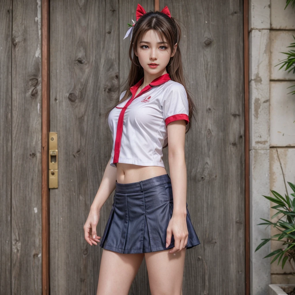 Mai Shiranui, (best qualityer,ultra details),(realisitic:1.37), beautiful and detailed face, ultra-realisitic texture, Exquisite face, athletic body, bright coloured. High definition, 8k, wearing red lipstick, rosy cheeks.