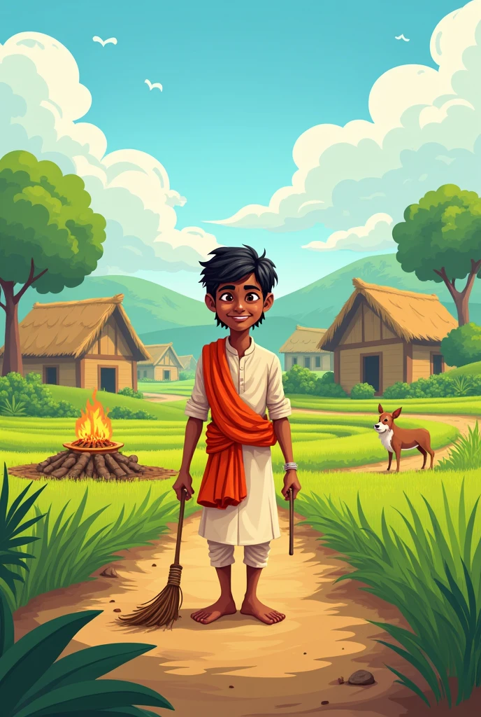 Create cartoon staly "
1. **Ramu Working in the Fields:** A simple, hardworking farmer named Ramu, wearing traditional Indian clothes, plowing his field in a small rural village under the bright morning sun with lush green fields in the background.
2. **Ramu’s Family:** Ramu sitting with his wife and two children outside their humble thatched house, a small cooking fire nearby. The scene shows a peaceful rural life with trees and birds in the background.
3. **The Drought:** A dry, cracked field with a worried Ramu standing in the middle, looking at the sky. Dark, dry clouds are scattered above with no signs of rain, the earth barren, and crops wilting.
4. **Destroyed Crops:** Ramu inspecting the damaged crops, bending over in sorrow. The once green plants have turned brown and dried up, showing the aftermath of a failed harvest due to lack of rain.
5. **Talking to the Elder Farmer:** Ramu having a conversation with an old, wise farmer under the shade of a large tree. The elder farmer, wearing traditional white clothes, is giving advice, while Ramu listens with hope in his eyes.
6. **Ramu Planning for Next Year:** Ramu sketching out a plan for his next crop season on a piece of paper, with a determined look on his face. In the background, farming tools and sacks of seeds are visible.
7. **Building a Water Pond:** Ramu and a few villagers digging a water pond near his fields. The ground is rough, but they are working together, showing the effort to conserve water.
8. **Rainfall and Fresh Crops:** Rain finally falling over Ramu's field, with him looking up and smiling. His crops, now green and thriving, are swaying gently in the rain, symbolizing hope and revival.
9. **Harvest Time:** Ramu and his family harvesting golden crops with bright smiles on their faces. The lush fields are full of ripe grains, and the atmosphere is filled with joy and satisfaction.
10. **Family Celebration:** Ramu, his wife, and their children sitting around a meal they are sharing, w