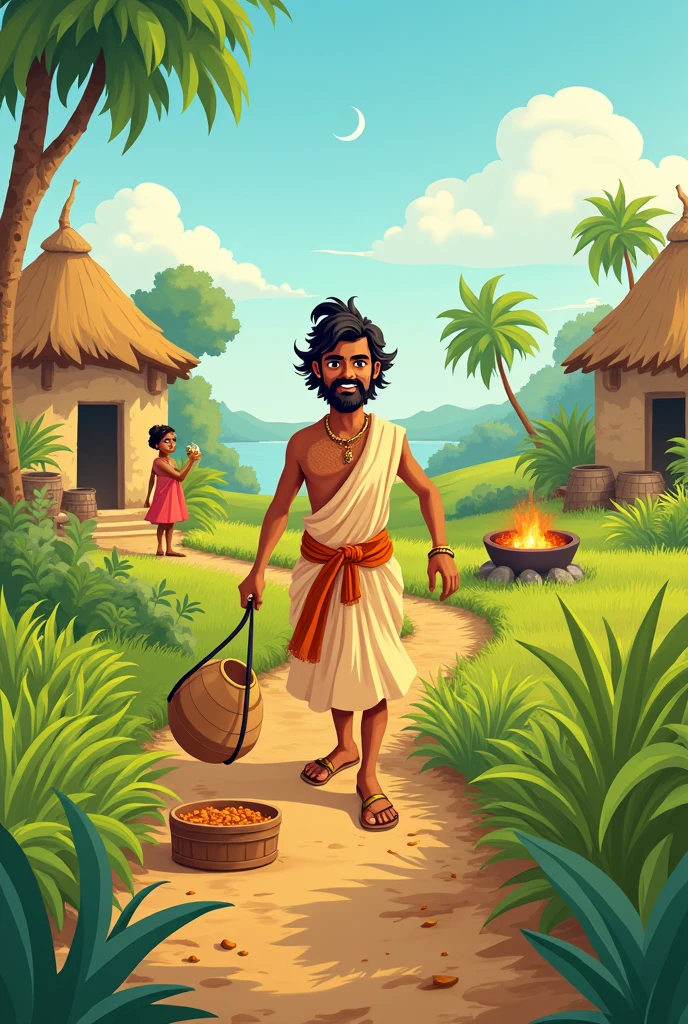 Create cartoon staly "
1. **Ramu Working in the Fields:** A simple, hardworking farmer named Ramu, wearing traditional Indian clothes, plowing his field in a small rural village under the bright morning sun with lush green fields in the background.

2. **Ramu’s Family:** Ramu sitting with his wife and two children outside their humble thatched house, a small cooking fire nearby. The scene shows a peaceful rural life with trees and birds in the background.

3. **The Drought:** A dry, cracked field with a worried Ramu standing in the middle, looking at the sky. Dark, dry clouds are scattered above with no signs of rain, the earth barren, and crops wilting.

4. **Destroyed Crops:** Ramu inspecting the damaged crops, bending over in sorrow. The once green plants have turned brown and dried up, showing the aftermath of a failed harvest due to lack of rain.

5. **Talking to the Elder Farmer:** Ramu having a conversation with an old, wise farmer under the shade of a large tree. The elder farmer, wearing traditional white clothes, is giving advice, while Ramu listens with hope in his eyes.

6. **Ramu Planning for Next Year:** Ramu sketching out a plan for his next crop season on a piece of paper, with a determined look on his face. In the background, farming tools and sacks of seeds are visible.

7. **Building a Water Pond:** Ramu and a few villagers digging a water pond near his fields. The ground is rough, but they are working together, showing the effort to conserve water.

8. **Rainfall and Fresh Crops:** Rain finally falling over Ramu's field, with him looking up and smiling. His crops, now green and thriving, are swaying gently in the rain, symbolizing hope and revival.

9. **Harvest Time:** Ramu and his family harvesting golden crops with bright smiles on their faces. The lush fields are full of ripe grains, and the atmosphere is filled with joy and satisfaction.

10. **Family Celebration:** Ramu, his wife, and their children sitting around a meal they are sharing, w