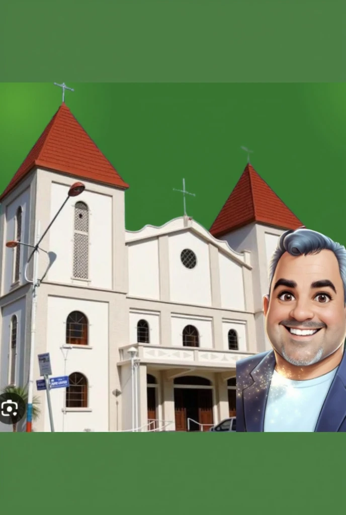 Draw man used in the tip image next to church, disney style image, background with blue sky  