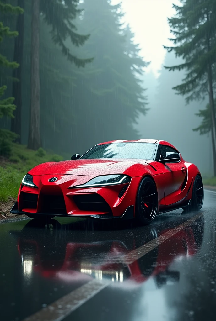 Supra mk4 on street in forest with heavy rain