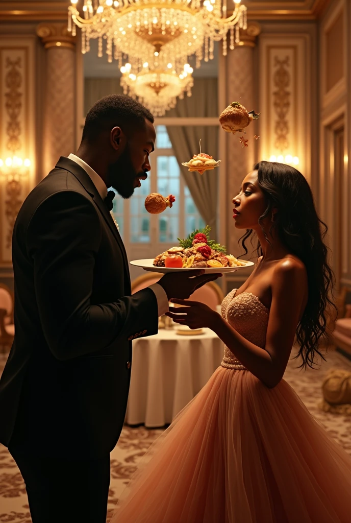 With a him throwing food at her Generate of image of a dark black handsome throwing food at a black beautiful woman in a mansion with luxurious interior