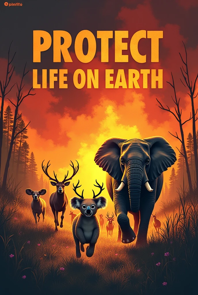 t - shirt, print with message to protect life on Earth, with animals in danger fleeing the fire