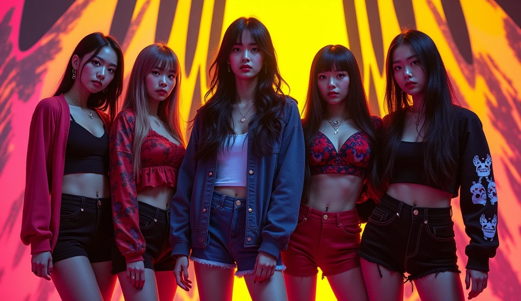 kpop girl group 5 girls electronic hip-hop concept two cute, two dark and one middle ground pose optical illusion yellow black pink and wine one of them with short hair flowers and skull clothes of different colors