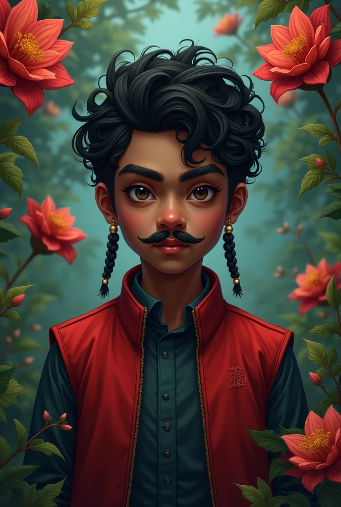 um dark boy,com curly hairo,with chinese mustache,serious,two small braids in front of the face,com um red vest,flowers,flowersta,dark boy,curly hair,with braid,red vest