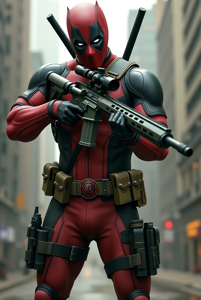 Deadpool wear miletry colour costume and holding a sniper gun