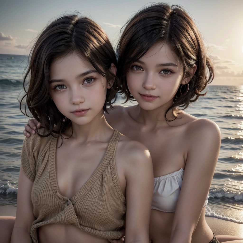 a young mother with wavy black pixie cut hair, fair skin, small amber-colored eyes, small mouth, ear piercing, standing next to her son with fair skin, straight blonde hair, and dark brown eyes, and the father with light tan skin, brown eyes, and curly brown full hair, all in a rockstar style, smiling, in front of the sea, cinematic lighting, highly detailed, photorealistic, masterpiece,dramatic colors, warm tones, HDR, 8k