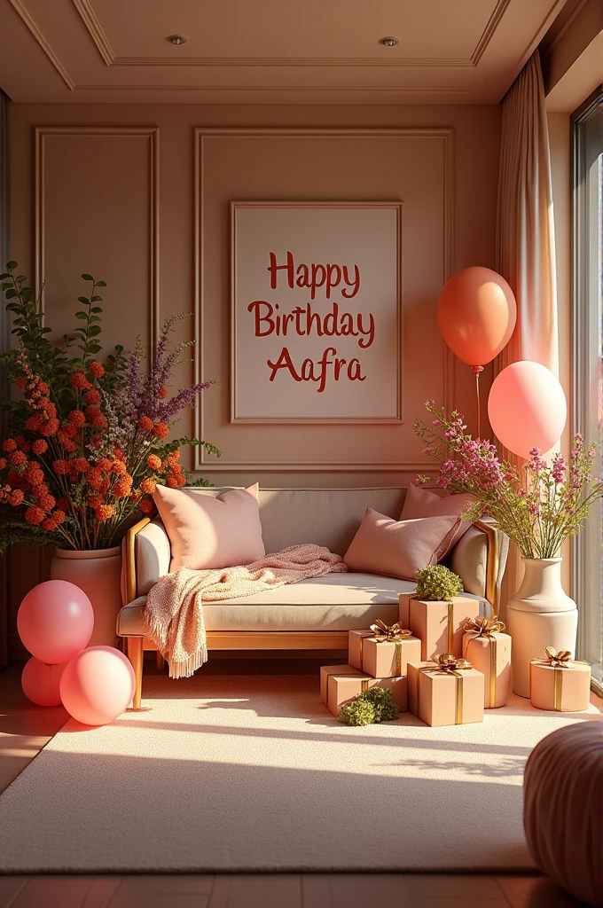 A realistic hotel room decor with balloons,gifts and flowers with "Happy Birthday Aafra " written on it