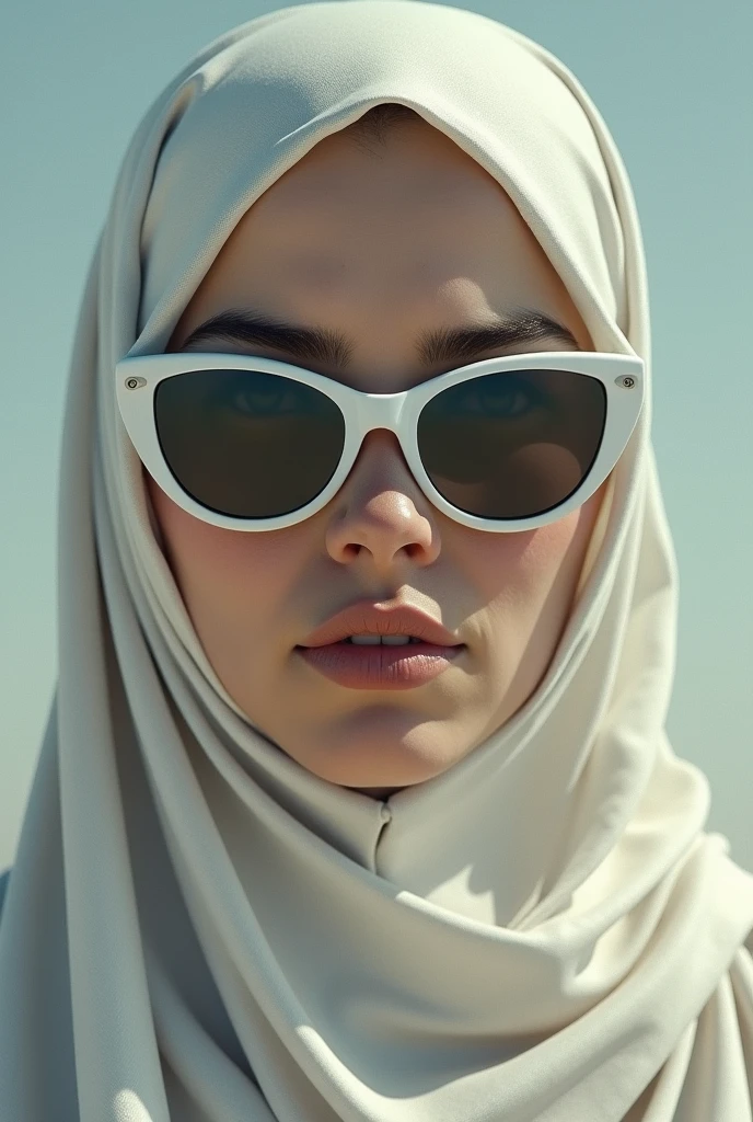 Giant girl,with hijab ,put in white oakley glasses, looking at the viewer