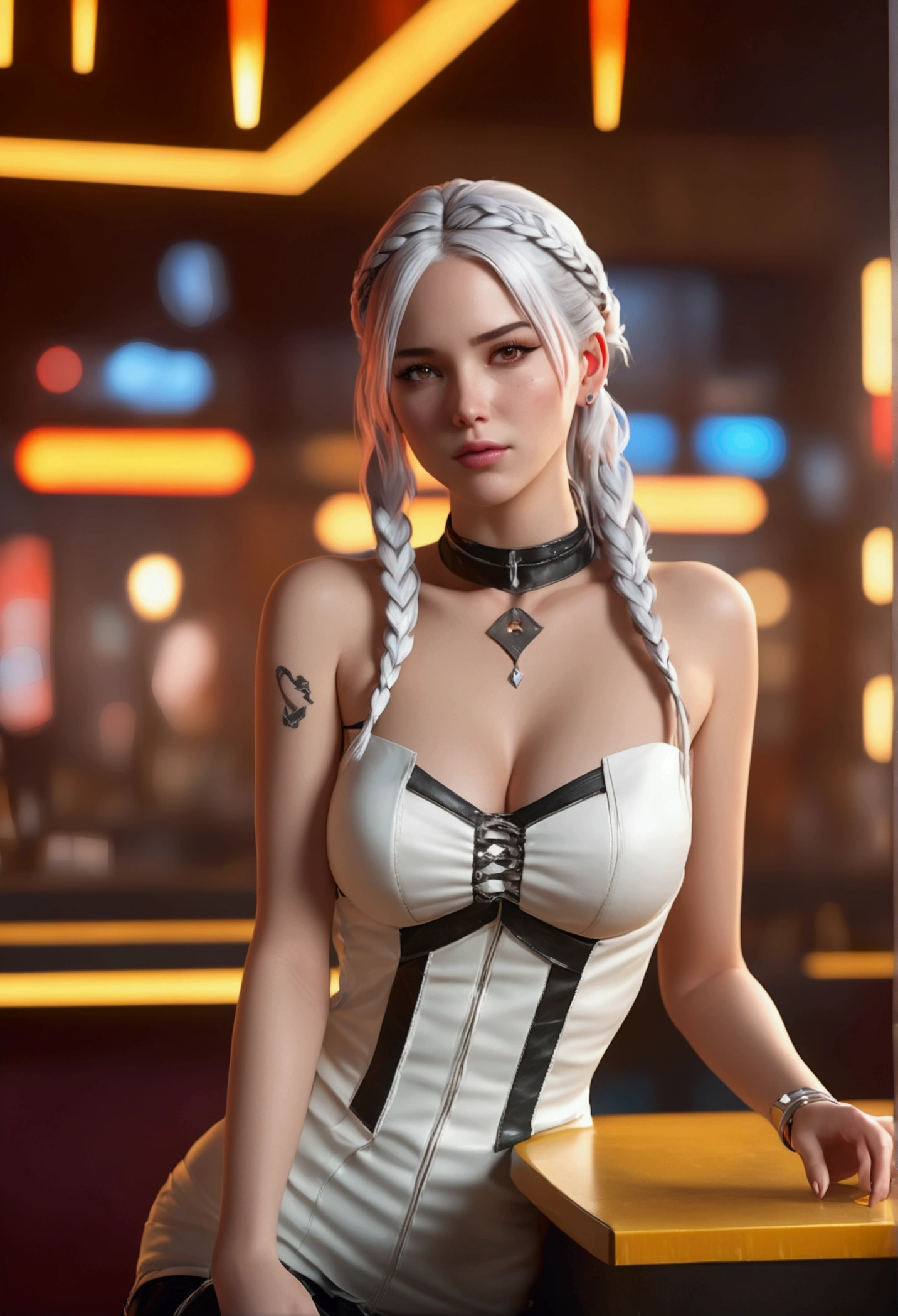 ((Masterpiece, Best Quality, Highest Image Quality, High Resolution, Photorealism, RAW Photos, 8k)), A female game character, 3d Graphics, long white hair, off-shoulders, corset dress, grunge fashion, gothic choker, in the liquor bar, cyberpunk 2077 background, unreal engine