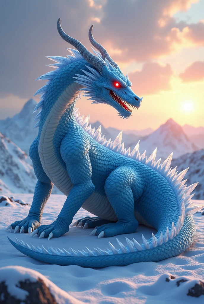 Digital fantasy artwork featuring a majestic, large dragon with anatomically correct details, shimmering, icy blue scales and sharp, crystalline spikes along its back and tail. The dragon has glowing red eyes and a fierce expression, with its mouth slightly open revealing sharp teeth. Set against a backdrop of snow-covered mountains under a partly cloudy sky with a warm, golden sunset casting a soft glow on the scene, the dragon's body is coiled elegantly on the snowy ground. The artwork is a stylized hyperrealism masterpiece with super detailed, high-quality textures highlighting the intricate scales, surrounding snow, and majestic muscles. The overall composition is dynamic and visually striking, with a high level of detail and vibrant colors, rendered in stunning 4K resolution.