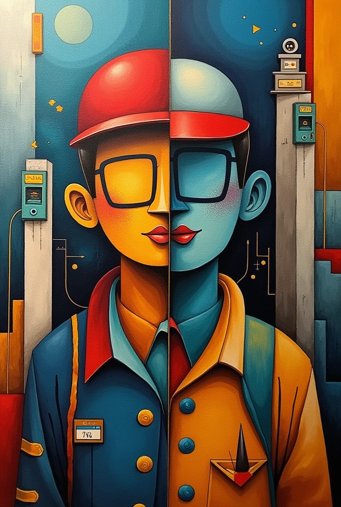 Give me a 25 cm x 25 cm stand that has to do with remittances, which is set in the avant-garde of cubism, whose main work was an ATM., I want you to represent both sides of the coin, both as the migrant and as the person who receives the money in the country of origin. 