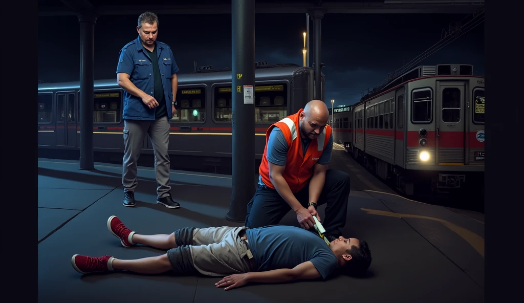 Scene at subway station,A subway train passing by in the background,Someone in front is using an AED to rescue the person lying down