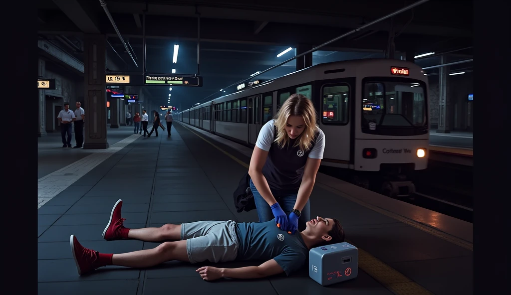 Scene at subway station，A subway train passing by in the background，Someone in front is using an AED to rescue the person lying down