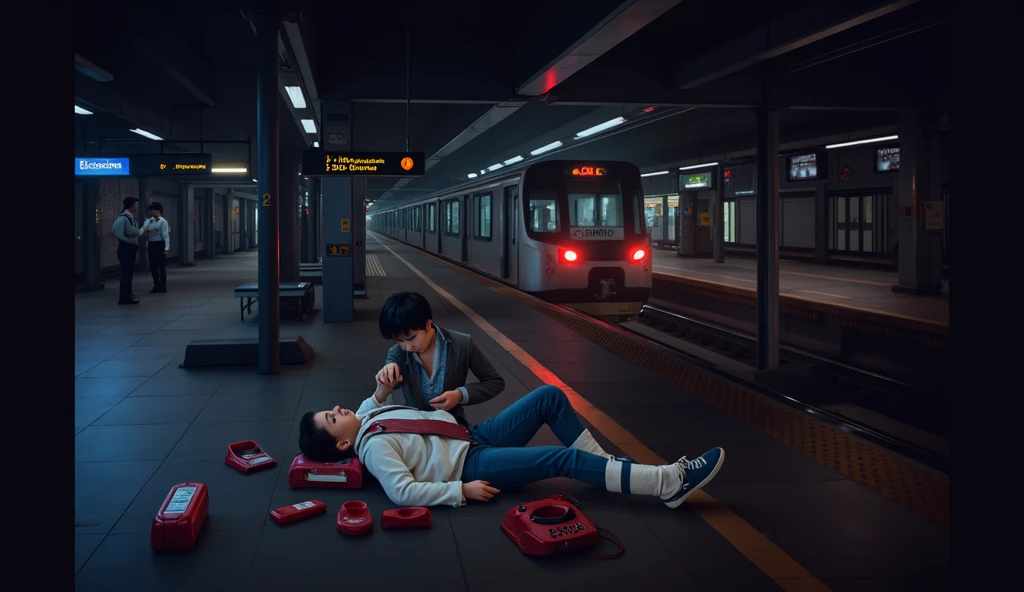 Scene at subway station，A subway train passing by in the background，Someone in front is using an AED to rescue the person lying down
