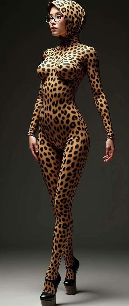 A beautiful and thin chinese contortion adult girl wearing a pair of glasses wears leopard print lycra turtleneck unitard catsuit.She always wear leopard print lycra dancewear hijab-like costume hood.She is my contortionist.