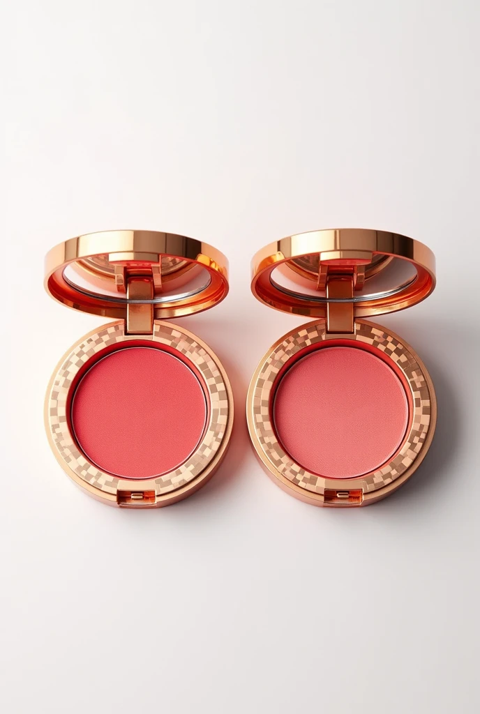 A image with white Background, one open blush and one closed blush, the same product side by side, the packaging is all in gold with a very checkered mosaic, inspired by Byzantine art at the top of this mosaic, the packaging is delicate and rich in delicate details. the color of the blush itself is strong coral pink
