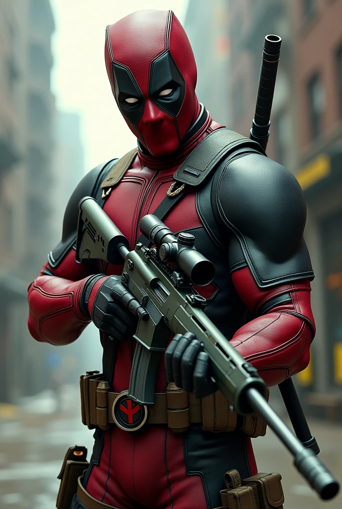 Deadpool wear miletry colour costume and holding a sniper gun