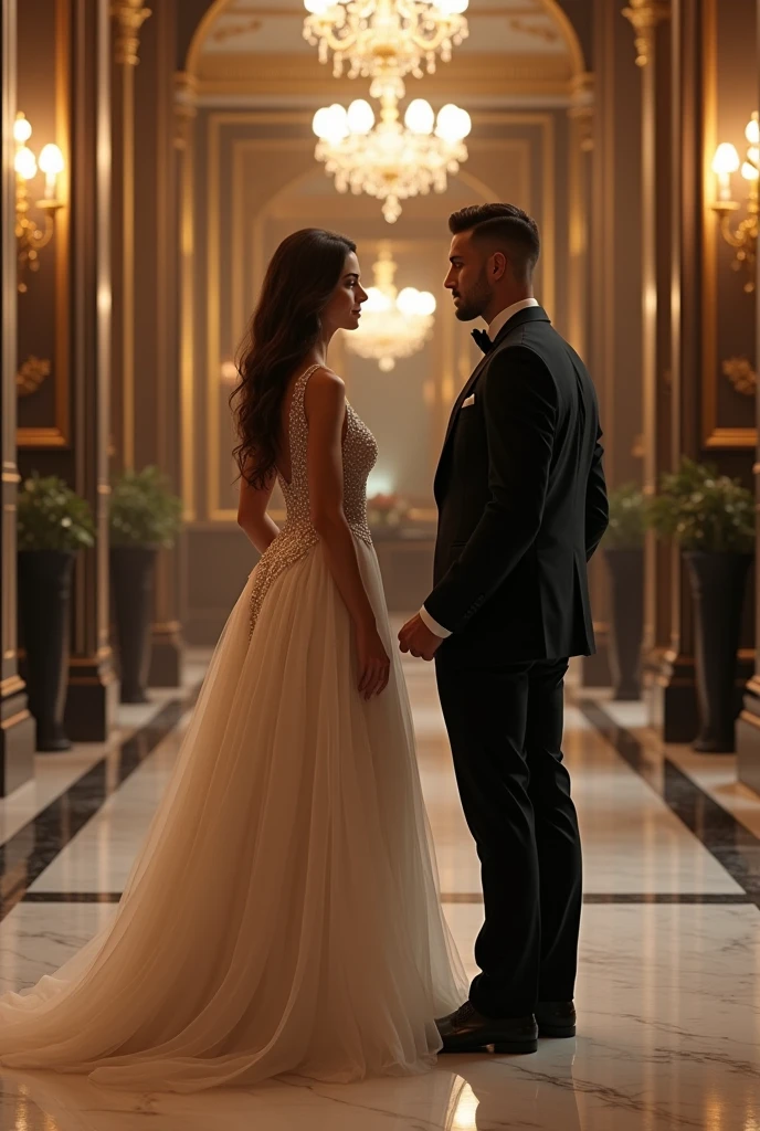 Woman in prom dress turned away from a.man in suit trying to talk..chic and rich environment. The man should be facing forward and she should be facing backwards.