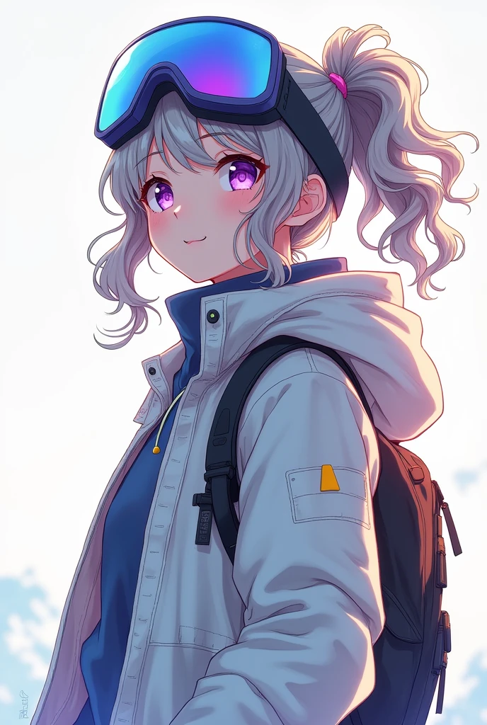 Masterpiece, Best picture quality, Extreme vividness, Anime girl with curly ponytail,  figure, white functional coat, small, blue-purple gradient ski goggles, cyberpunk, gray hair, natural casual style, dynamic stance, golden section, portrait with large aperture, cool tones, strong visual impact, white space, light and shadow contrast, super texture, sunset afterglow, super clear picture, simple picture