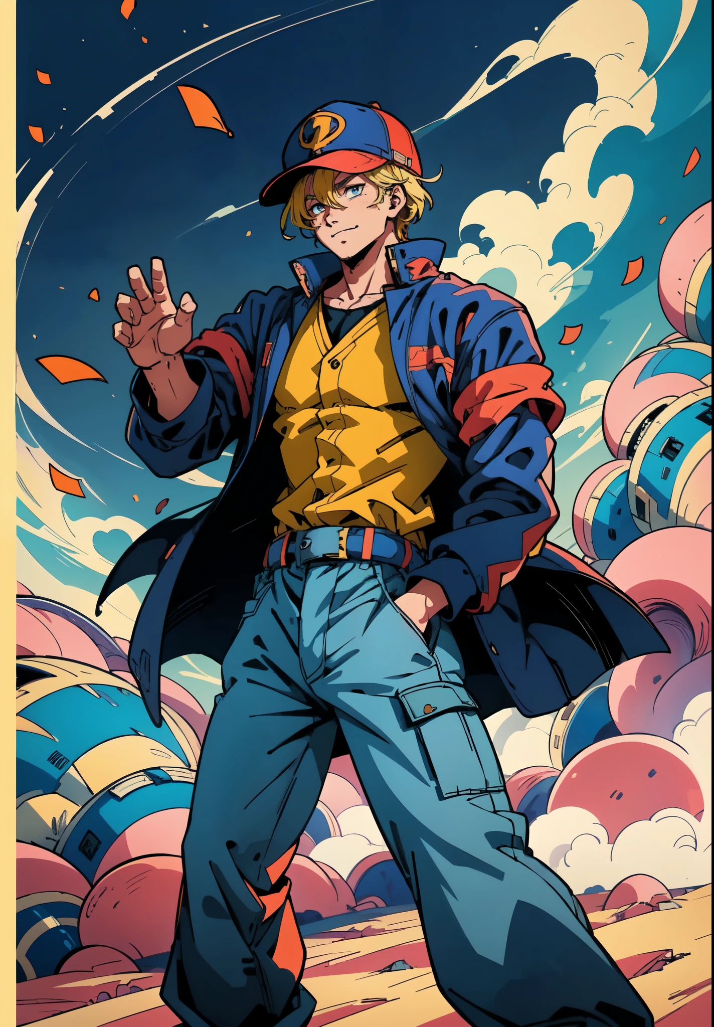 (masterpiece:1.2, best quality:1.2, extremely delicate:1.2), ((male:1.5)), a young man with blonde hair, wearing a red baseball cap backward, messy bangs windblown, a handsome face, a lazy gaze, a confident smile, a fantasy-realism style blue work vest jacket, underneath is a dark blue denim long robe with a long hem, a leather belt, loose coarse cloth trousers, strikes a kung fu pose in a horse stance, as fallen leaves are swept up by a whirlwind around him, this character embodies a finely crafted fantasy-realism style kung fu warrior in anime style, exquisite and mature manga art style, dramatic, high definition, highres, ultra-detailed, ultra-fine painting, professional, perfect body proportions, golden ratio, anatomically correct, symmetrical face, extremely detailed eyes and face, high quality eyes, creativity, RAW photo, UHD, 32k, Natural light, cinematic lighting, (masterpiece-anatomy-perfect:1.2)