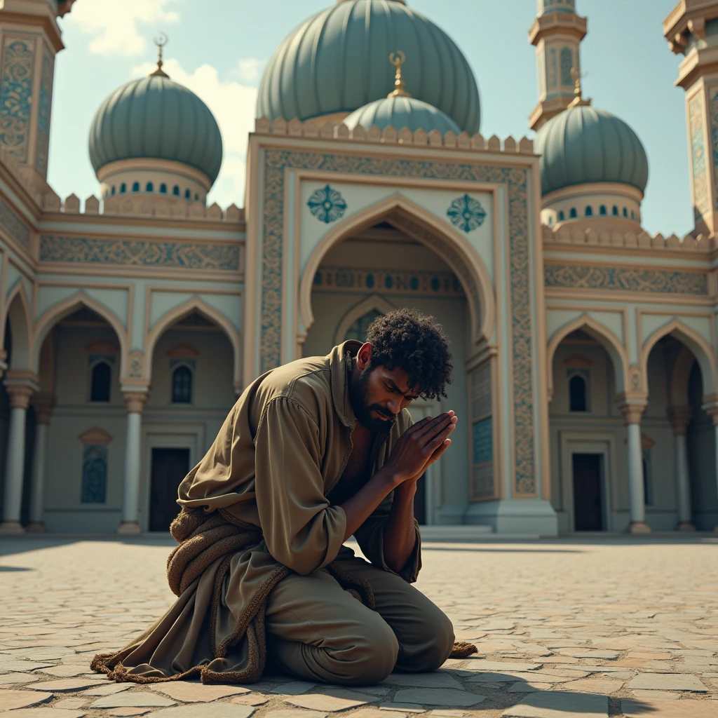 Black skin man, poor, beggar, praying in from of a Mosque 