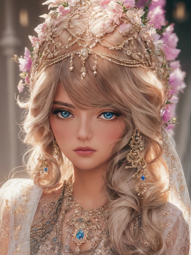 elegance versus eligance, 1girl, beautiful detailed eyes, beautiful detailed lips, extremely detailed face and portrait, delicate features, serene expression, long flowing hair, intricate jewelry, ornate headpiece, luxurious clothing, flowing gown, shimmering fabric, dramatic lighting, warm color palette, chiaroscuro, cinematic composition, photorealistic, 8k, hyper detailed, masterpiece