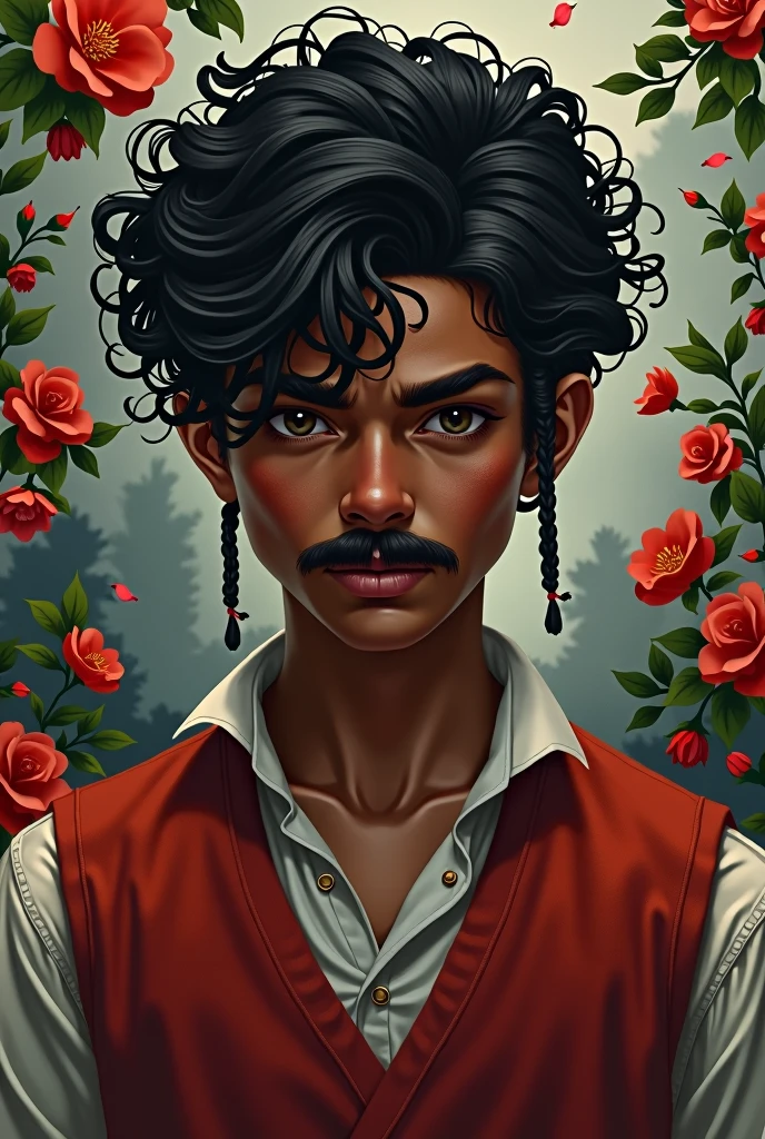 um dark boy,com curly hairo,with chinese mustache,serious,two small braids in front of the face,com um red vest,flowers,flowersta,dark boy,curly hair,with braid,red vest