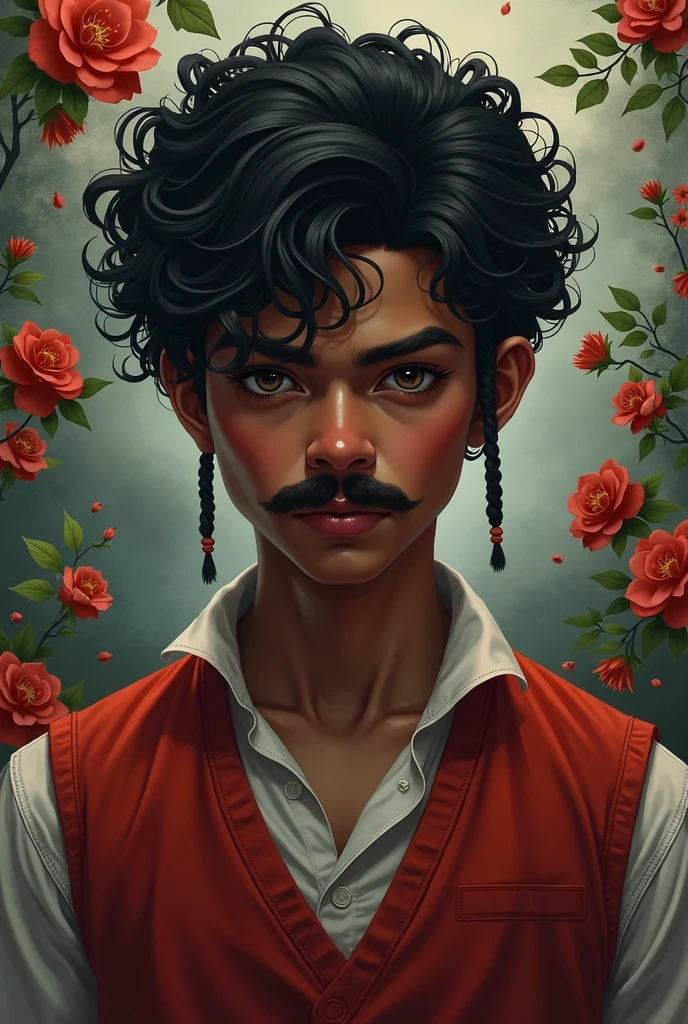 um dark boy,com curly hairo,with chinese mustache,serious,two small braids in front of the face,com um red vest,flowers,flowersta,dark boy,curly hair,with braid,red vest