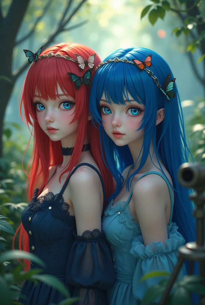 (best quality, 8k, ultra-detailed, realistic:1.2), vivid colors, anime, portraits, red-haired girl, blue-eyed girl, detailed eyes, detailed lips, alone in the bat-viewer forest, blue dress, physically-based rendering, sharp focus, bokeh, blurred background