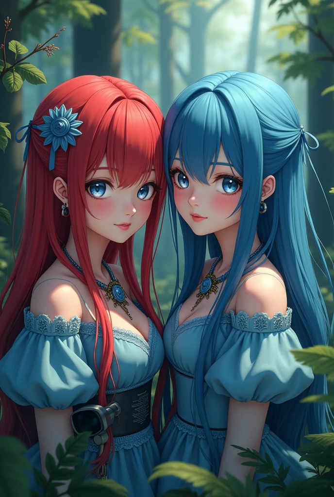 (best quality, 8k, ultra-detailed, realistic:1.2), vivid colors, anime, portraits, red-haired girl, blue-eyed girl, detailed eyes, detailed lips, alone in the bat-viewer forest, blue dress, physically-based rendering, sharp focus, bokeh, blurred background