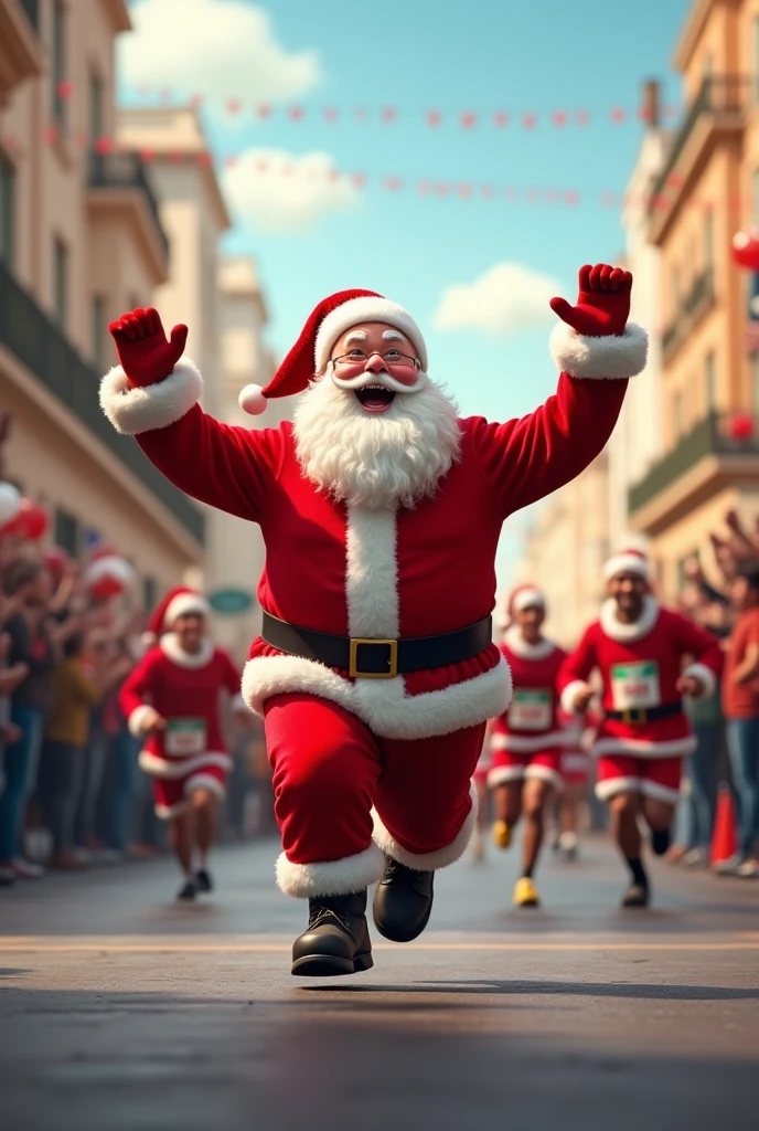 Santa Claus athlete running marathon street race, happy and celebrating
