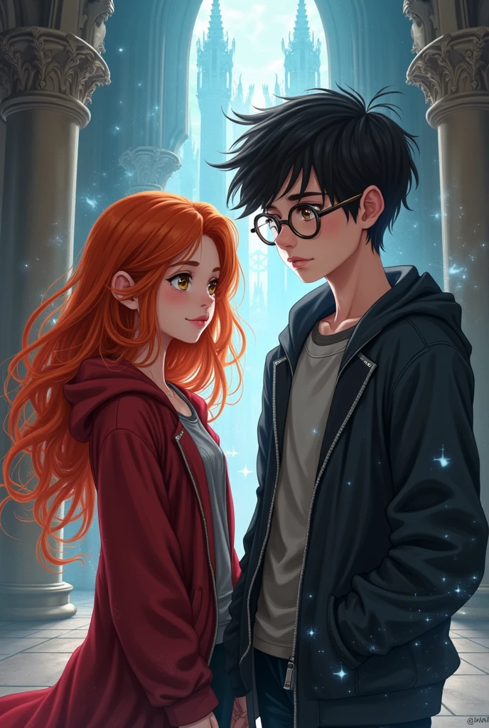 Red-haired teenage girl next to a black-haired boy with glasses at a magic academy