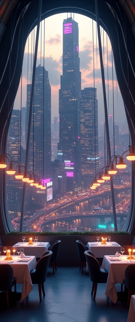 a detailed futuristic cyberpunk city nightscape, a bustling restaurant interior with large windows overlooking a modern city skyline, neon lights and illuminated skyscrapers, intricate architectural details, elegant dining setting with tables and chairs, lively crowd of people, warm lighting, dynamic camera angle, cinematic mood, hyper-realistic, 8k, high quality, masterpiece