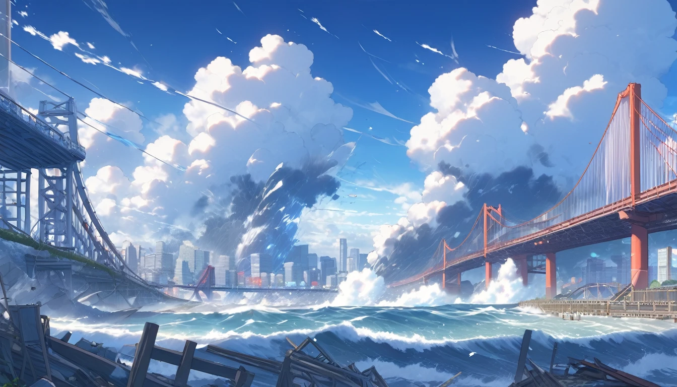 High definition、high resolution、Masterpiece、Tokyo Bay is hit by a tsunami、Gulf Coast Destruction、blue sky、City、Destructive、City、Giant tsunami、bridge、Makoto Shinkai style、