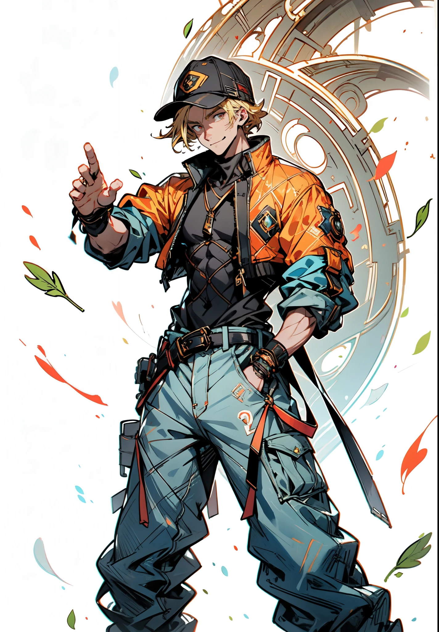 (masterpiece:1.2, best quality:1.2, extremely delicate:1.2), ((male:1.5)), a young man with blonde hair, wearing a red baseball cap backward, messy bangs windblown, a handsome face, a lazy gaze, a confident smile, a fantasy-realism style blue work vest jacket, underneath is a dark blue denim long robe with a long hem, a leather belt, loose coarse cloth trousers, strikes a kung fu pose in a horse stance, as fallen leaves are swept up by a whirlwind around him, this character embodies a finely crafted fantasy-realism style kung fu warrior in anime style, exquisite and mature manga art style, dramatic, high definition, highres, ultra-detailed, ultra-fine painting, professional, perfect body proportions, golden ratio, anatomically correct, symmetrical face, extremely detailed eyes and face, high quality eyes, creativity, RAW photo, UHD, 32k, Natural light, cinematic lighting, (masterpiece-anatomy-perfect:1.2)