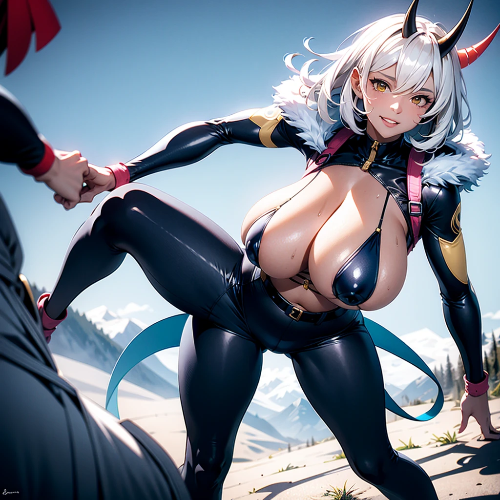 ((best quality)), (detailed), 1 brutal women, 8k_wallpaper, extremely detailed eyes, (large masterpiece digital art), (intricate details:1.3 ), (ultra-detailed:1.3), (sharp focus:1.3), (natural lighting:1.05), (vivid colors:1.3), (best quality:1.4), expressive eyes, full body, detailed face, beautiful face, perfect face, ((hair black curls)), ((blue horns)), (gold eyes), {{dark skin}}, ({dark skinned female}), (), huge chest, big wide ass, powerfrelief muscles of the abdomen and legs, powerful strong muscles of the arms, a predatory look and a smile with fangs, an open white coat with a fur collar and rolled up sleeves, heavy steel cyberpunk armor, a transparent blue crop top through the fabric of which the clear outlines of large pointed nipples with large openings of the mammary glands are visible, wide khaki military pants, a yellow belt , a military walkie-talkie on her belt, a large hiking backpack, she walks across a wide lilac field on another planetainst the backdrop of an indigo forest and high mountains, style cyberpunk,