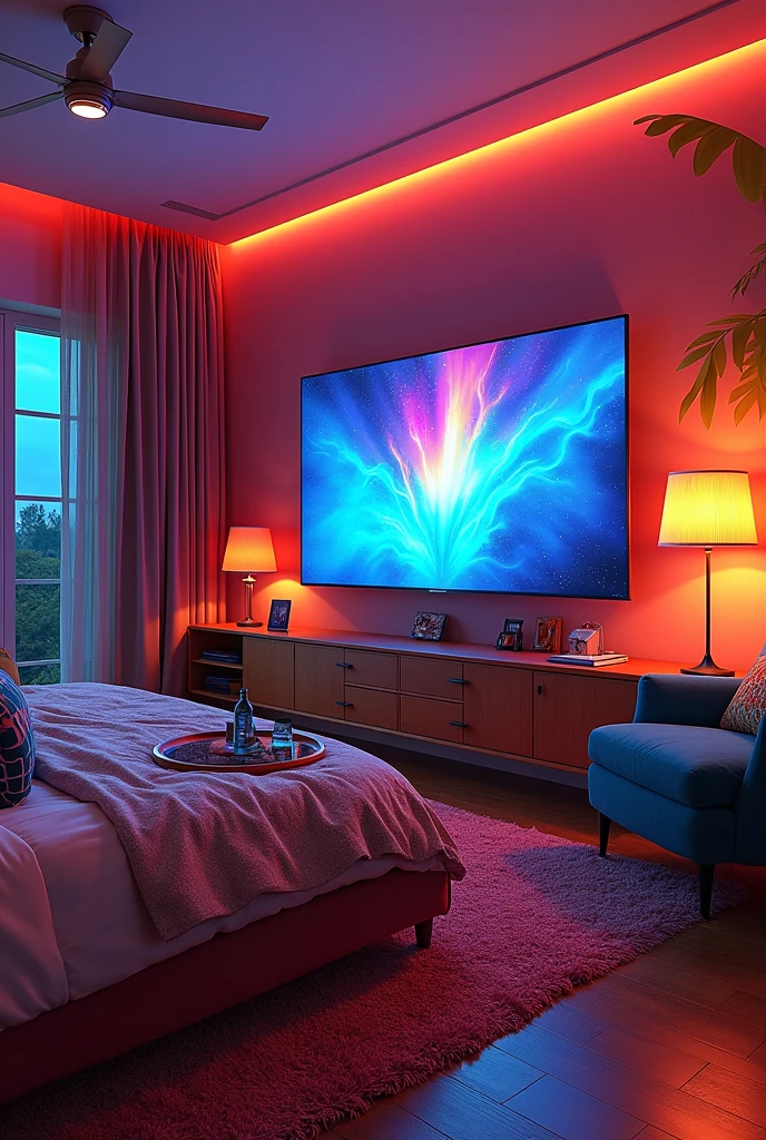 A room designed with many colors, A very comfortable bed and a 50-inch TV