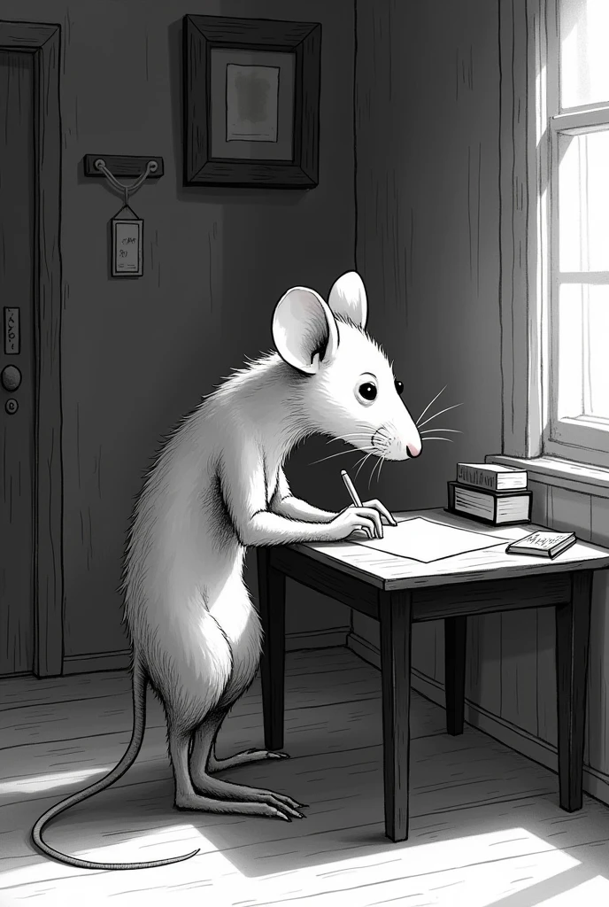 a mouse that looks like the book "Maus" in a bedroom that has a desk at which he is writing. The image must be in black and white.