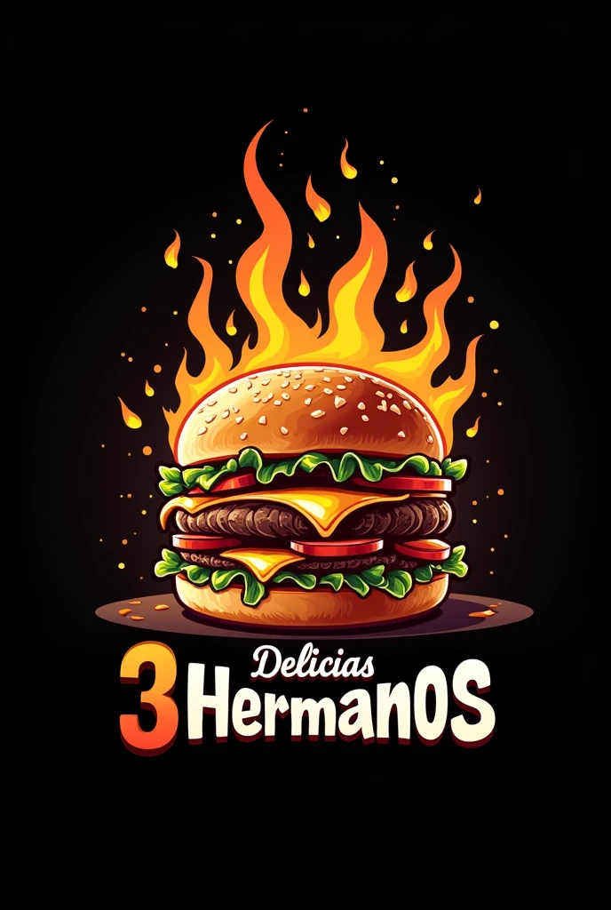 Make me a logo with a drawing of a very juicy and big hamburger with fire coming out of it on a black background and the name of Delicias 3 Hermanos around it (in Spanish)