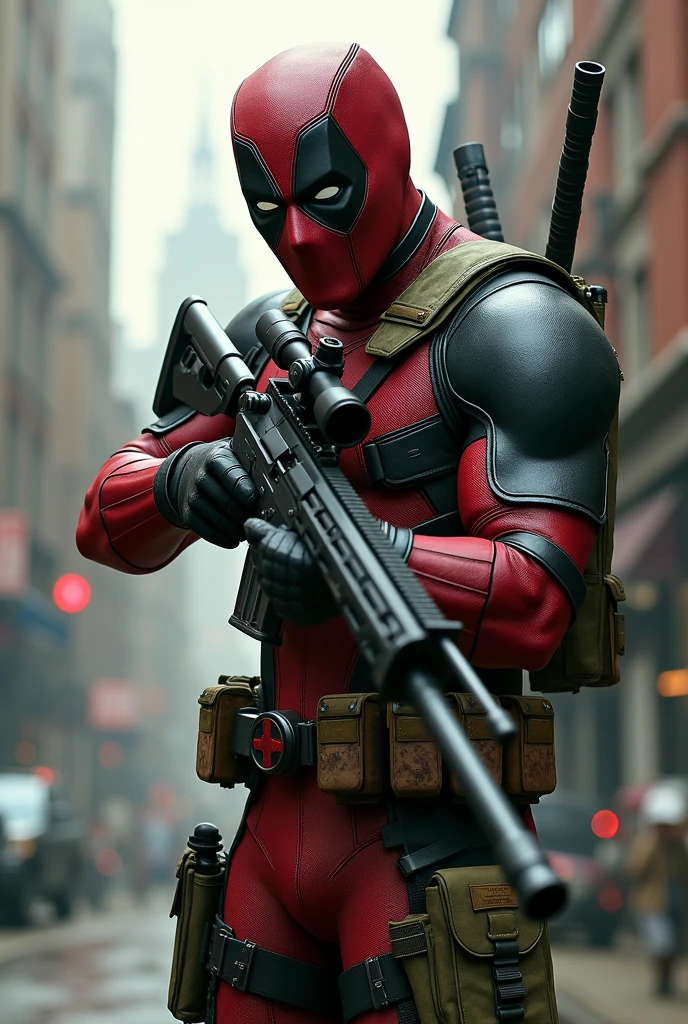 Deadpool wear miletry colour costume and holding a sniper gun