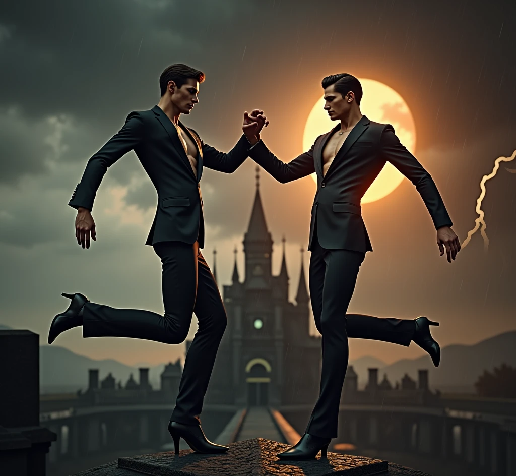 Two handsome skinny men dressed in black, long suits without a shirt, cloudy sky, a sunset, the sun is hiding, dancing beautifully on top of a black castle, water track combined with the sky, falling rain and lightning from afar, 2 men