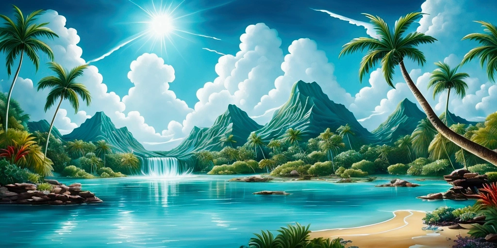 create a stunning painting of a beautiful lagoon. A roaring waterfall. Wonderful turquoise water. Lots of palm trees and a breathtaking jungle around the water. The lagoon opens onto a sandy beach and an open sea