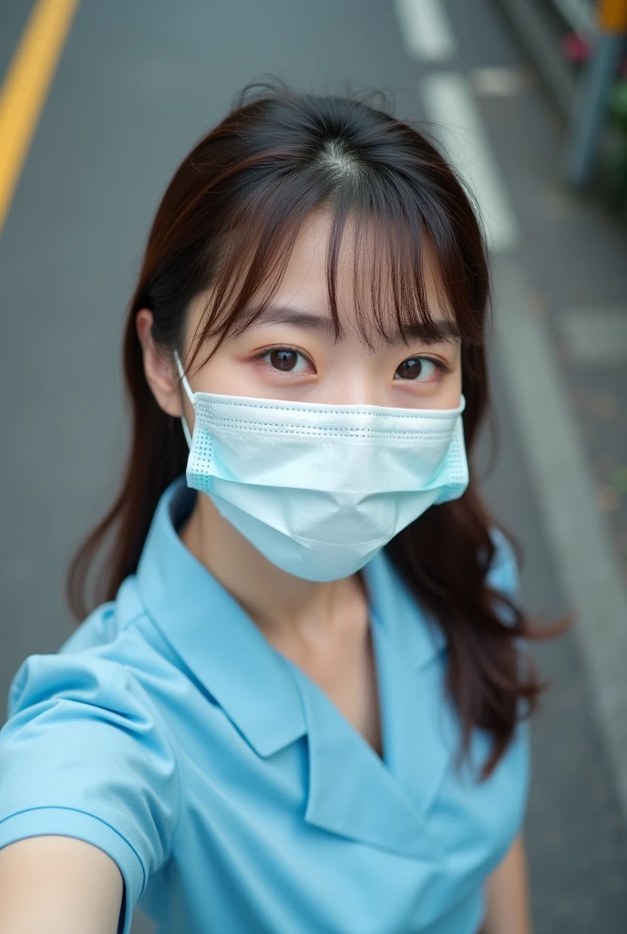 Shortcuts 20-year-old female nurse Nurse uniform smile I am wearing a mask Aerial photos Selfie Camisole Japan people