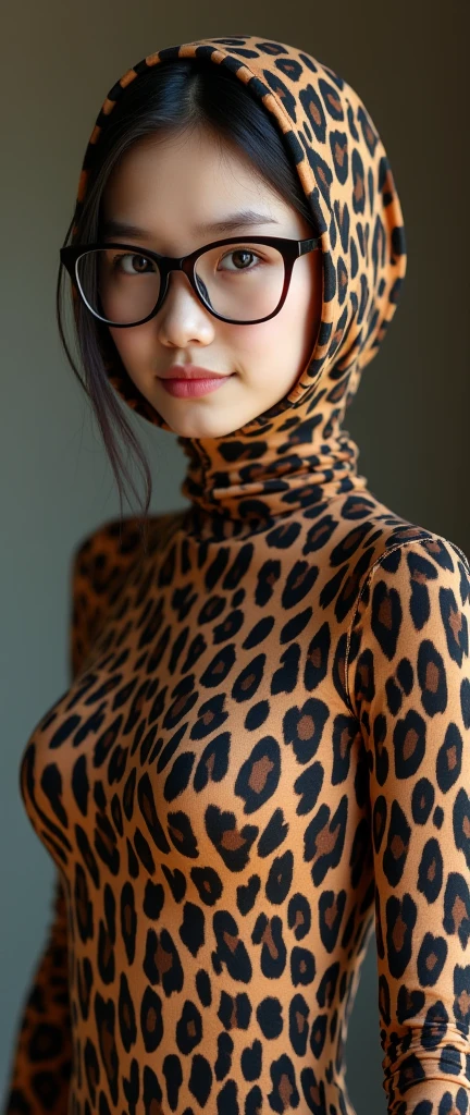 A beautiful and thin chinese contortion girl wearing a pair of glasses wears leopard print lycra turtleneck unitard catsuit.She always wear leopard print lycra dancewear hijab-like costume hood.She is my contortionist.